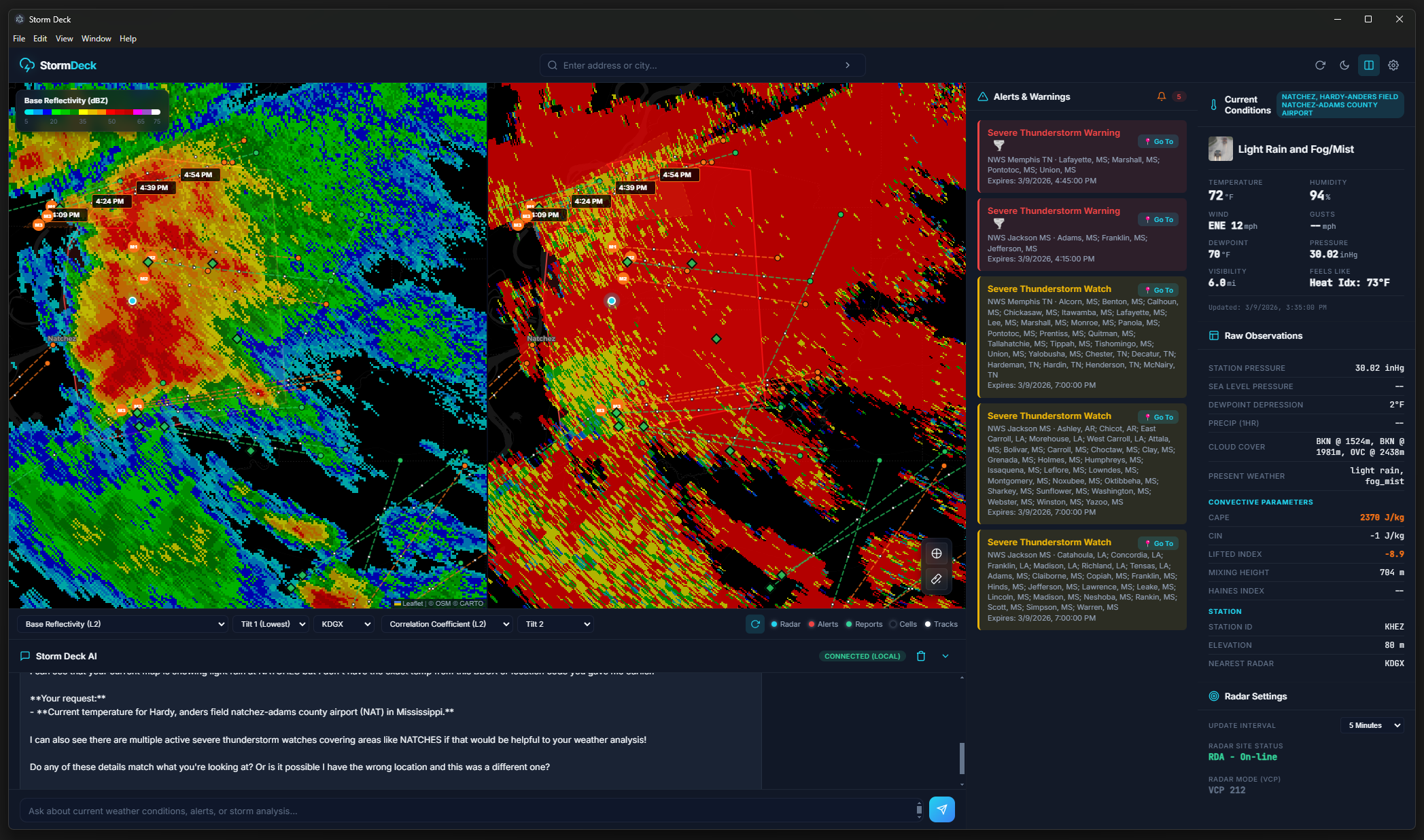 StormDeck screenshot highlighting radar products and controls